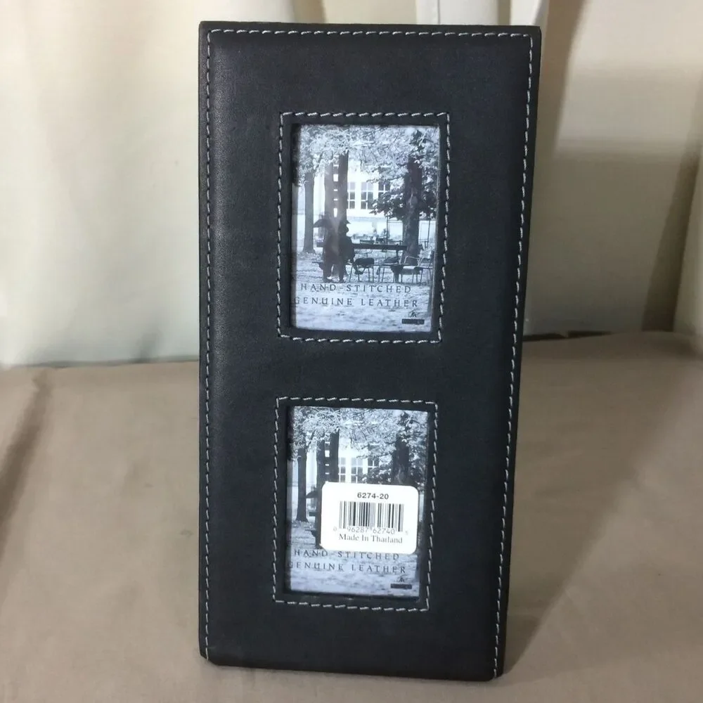 Vintage Genuine Leather Double Picture Frame Black Hand Stitched Glass New